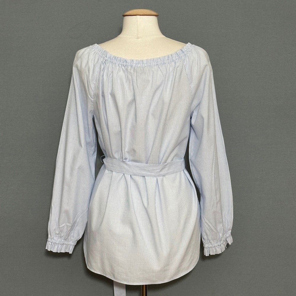 LOFT Womens Top L Blue White Pinstripe Belted Peasant Feminine AIry Nautical - Picture 4 of 10